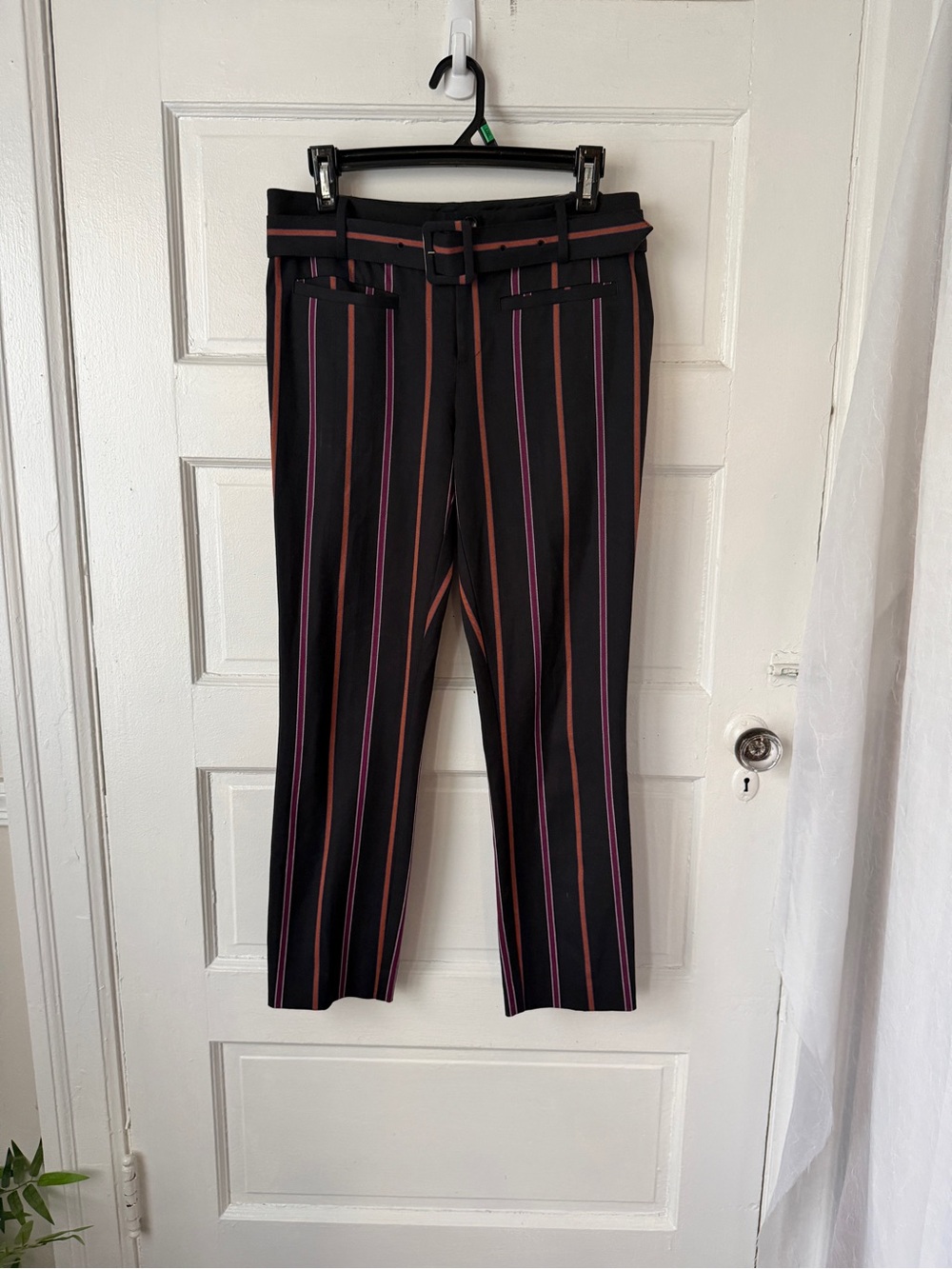Anthropologie The Essential Slim Trouser Pants Pink Orange Stripe Cotton Belted